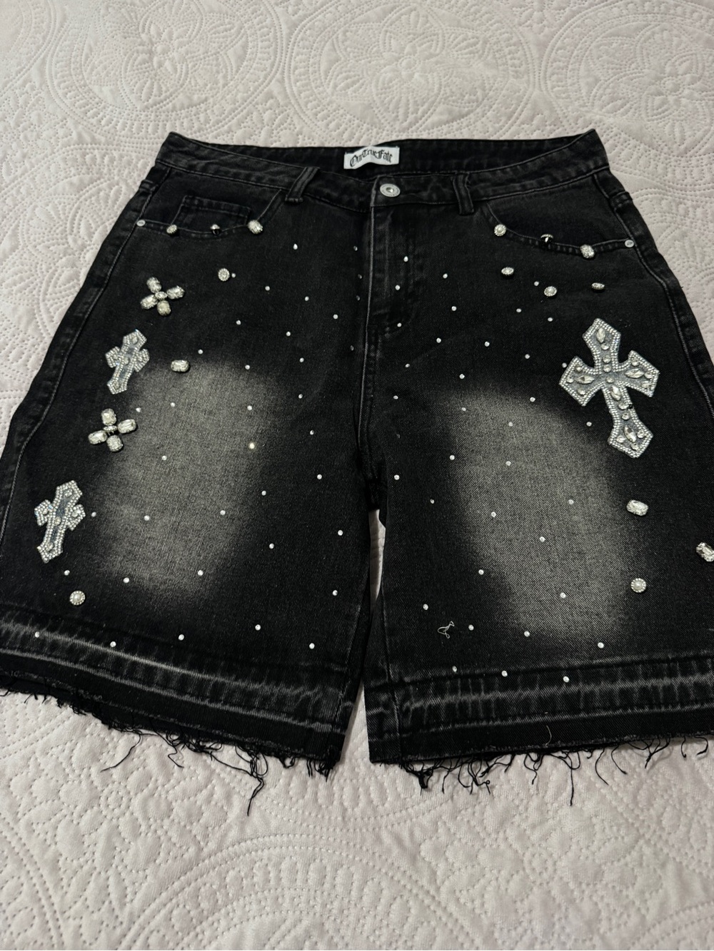 Our True  Fate Embellished Black Denim Shorts with Crystal Cross Accents